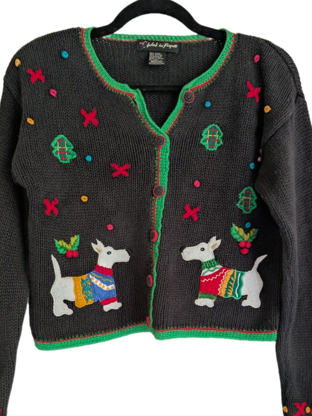 Vintage Work in Progress Christmas/Holiday Cropped Waist Cardigan 10/12 Scotty